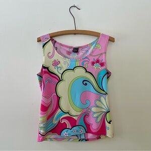 Vintage Y2K Vamp Tank Top Pucci Inspired Blouse Shirt Bright Trippy Floral M